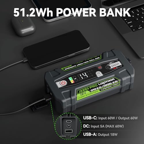 LOKITHOR J2250 PRO jump starter charging a smartphone via USB-C