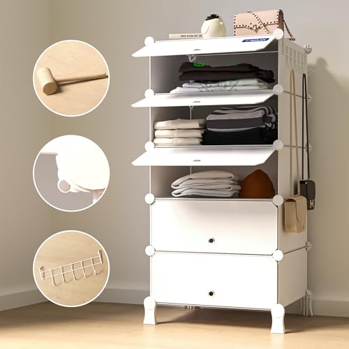 Image of BOXJOY 5 Shelf Plastic Almirah Wardrobe Racks with 5 Doors, Magnets & 5 Hook Steel Holder Clothes Storage Collapsible Foldable Multipurpose Cupboard Organizer for Baby Kids Cloth Bedroom Toys (White)