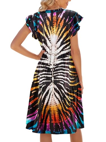 Image of Womens Summer Dress Ruffle Sleeve V Neck Midi Dresses Casual Fit Flowy Tiered Boho Beach Vacation Sundress