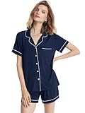 SIORO Womens Pajamas Set Short Sleeve, Button Down Cotton Pj Sets For Women Soft Nightwear,Small,Navy With White Piping