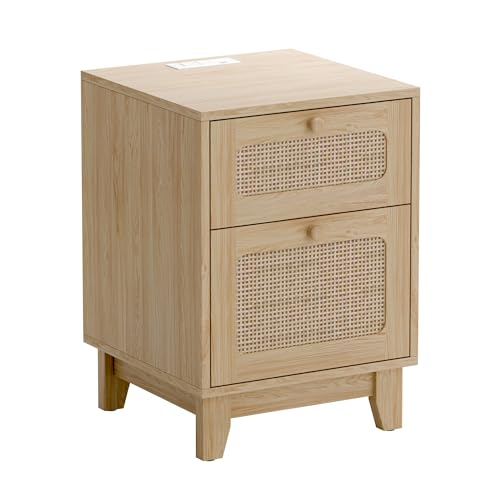 Modern Wicker Rattan Nightstand, Rattan Stand with Drawer and Charge Station, Wooden Side End Table for Small Spaces, Natural Wood BedsideTable for Bedroom