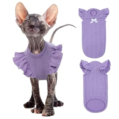 DENTRUN Sphynx Cat Clothes Hairless Cats Shirt Pullover Kitten Clothes with Flounced Sleeves Breathable Cat Wear Sweater Pajamas Jumpsuit