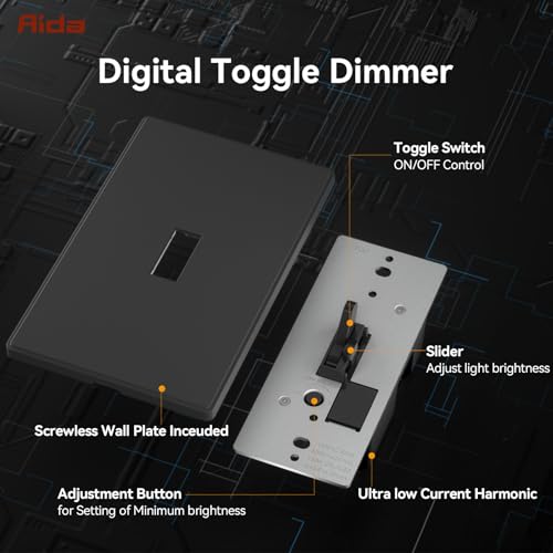Image of AIDA Digital Toggle Dimmer Switch for Dimmable LED, CFL & Incandescent Bulbs, Single Pole /3-Way, Screwless Wall Plate Included, UL Listed, No Neutral Wire Needed, Black, (1 Pack)