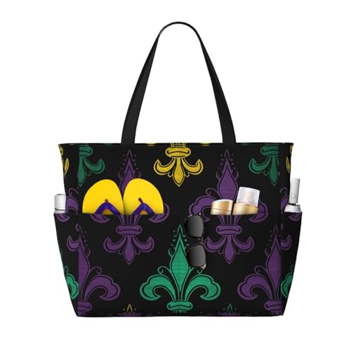 Beach Bags For Women Large Waterproof Sandproof Beach Tote Bag Lightweight Zipper Carry On Bag 3d Fleur De Lis Mardi Gras Pool Bag For Gym Travel Vocation