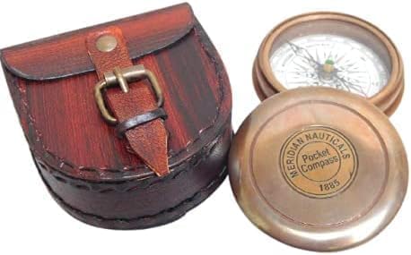Brújula de bolsillo de latón vintage con funda de cuero, juego de 10 piezas, bronce
