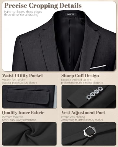 Image of MY'S Men's 3 Piece Slim Fit Suit Set with Tie, 2 Button Blazer Jacket Vest & Pants, Business Wedding Party Prom Suit for Men