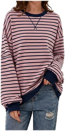 DUOEASE Pullover Damen Streifen Oversize Pullover Langarm Herbst Rundhals Sweatshirt Y2K Oberteile