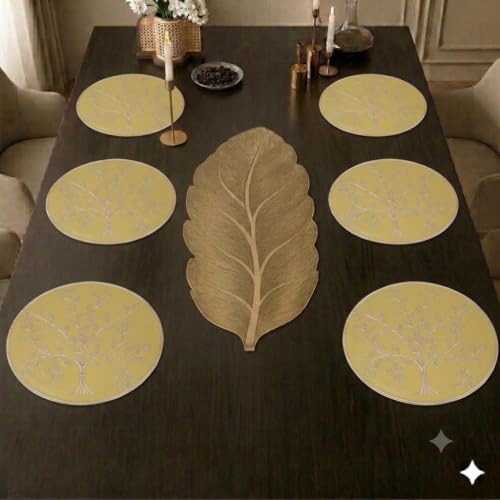 Image of Dakshya Industries Dining Table Mats Round PVC Set | 6 Waterproof Placemats (38 x 38 cm) + 1 Table Runner (91 x 33 cm) | Heat Resistant, Kitchen Decor (Nexovia)