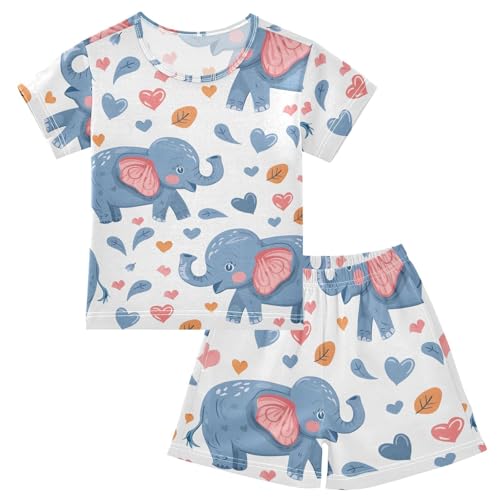 ALAZA Cartoon Elephant Heart Love Pajamas Short Sleeve 2 Piece Sleepwear Top and Bottom Pajama Set Unisex