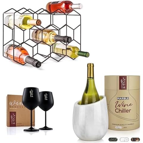 Gusto Nostro Perfect Wine Trio: Stainless Steel Wine Glasses (Black) - Iron Wine Rack (Black) - Marble Wine Chiller (White) Cover