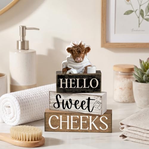 Image of Moucuny 4 Pcs Bathroom Shelf Decor Highland Cow Farmhouse Bathroom Decor and Accessories Rustic Eucalyptus Leaves Hello Sweet Cheeks Highland Cow Sign Western Table Centerpiece for Home Office Toilet