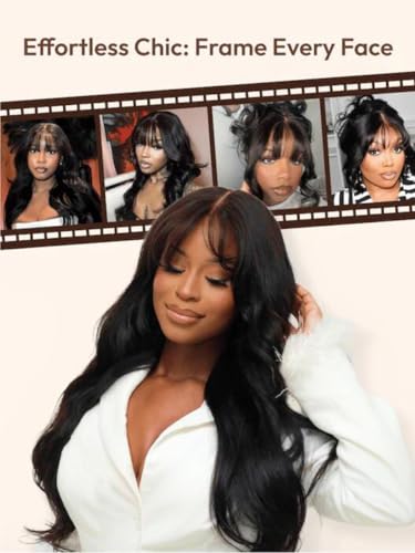 Image of UNICE 26 inch Fluffy Natural Loose Wave Curtain Bangs Wig Human Hair Pre Everything 13x4 Lace Front Glueless Wigs Human Hair Pre Plucked Pre Cut Bleached Knots Black Color