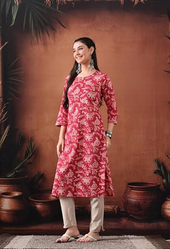Image of Ichaa Women's Pure Cotton A-Line Katha-Work Ethnic Round-Neck Kurta with 3 /4th Sleeve for Daily and Office Wear, in Plus Sizes
