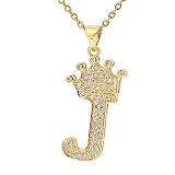 UALGL A-Z Letters Necklace Crown Necklace for Men Women 18K Gold Plated Letters Pendants with 23'' Chain Hip Hop Alphabet Name Jewelry Mom Gifts (Yellow-j)