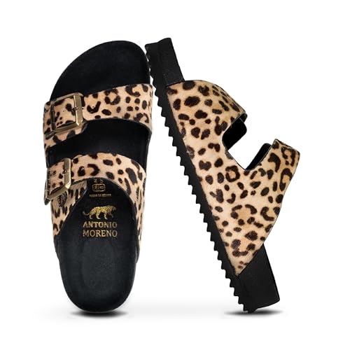 Image of ANTONIO MORENO Sandals for Women (Jaguar Print) - Genuine Leather Women Slides, Flexible EVA Sole Women Sandals with Cork Latex Footbed, Made in Mexico - 2 Straps with Adjustable Buckle