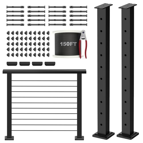 Image of 36 inch Complete Set Cable Railing Post Kits, Wire Railing System Includes 2Pack Updated 35 inch Level Drilled Posts, 4.5FT Cable Handrail, 1 /8 inch 150FT Wire Rope, Swageless Deck Cable Railing System