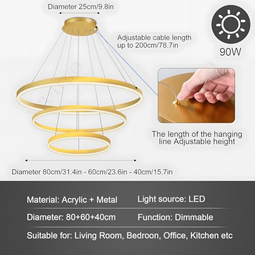 Lustre LED moderne 3 anneaux suspension plafond salon intensité variable