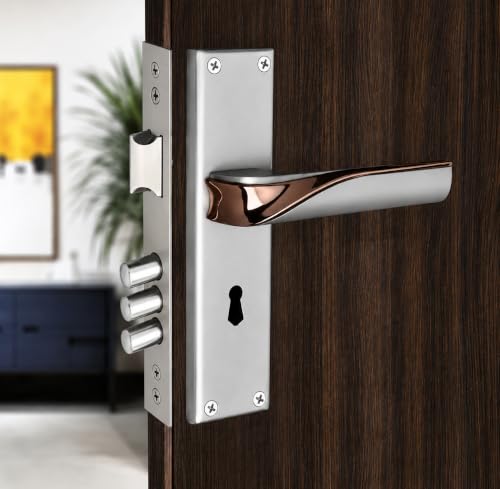 Image of Mortise Lock Set with Door Handle, Silver /Rose Gold Finish, 8 Inch, Complete Lock Set with 3 Keys and Screws, Model MH-1019KY, Two Years Warranty