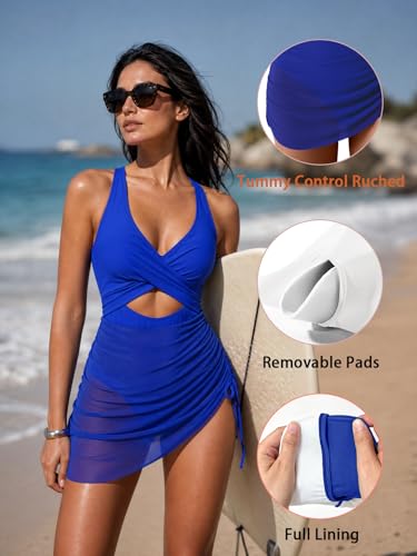 Image of B2prity Women Mesh One Piece Swimdress Swimsuit Tummy Control V Neck Cutout Bathing Suit Wrap Drawstring Sarong Swimwear