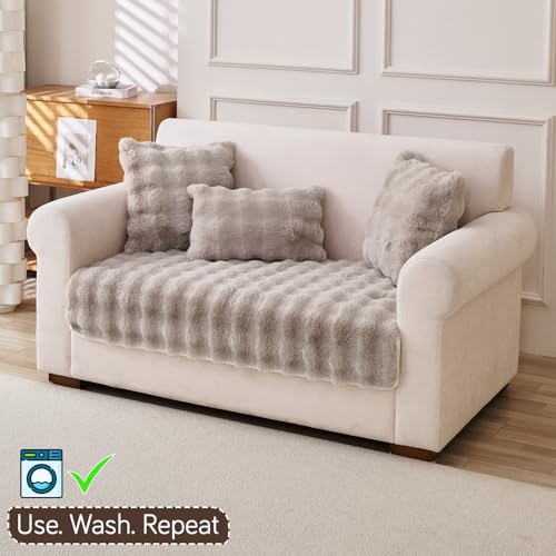 Image of HOKIPO 'FurHug' Luxury Faux Rabbit Fur Anti Slip Sofa Mat for 2 Seater, Latte Brown (AR-5013-LCF*1)