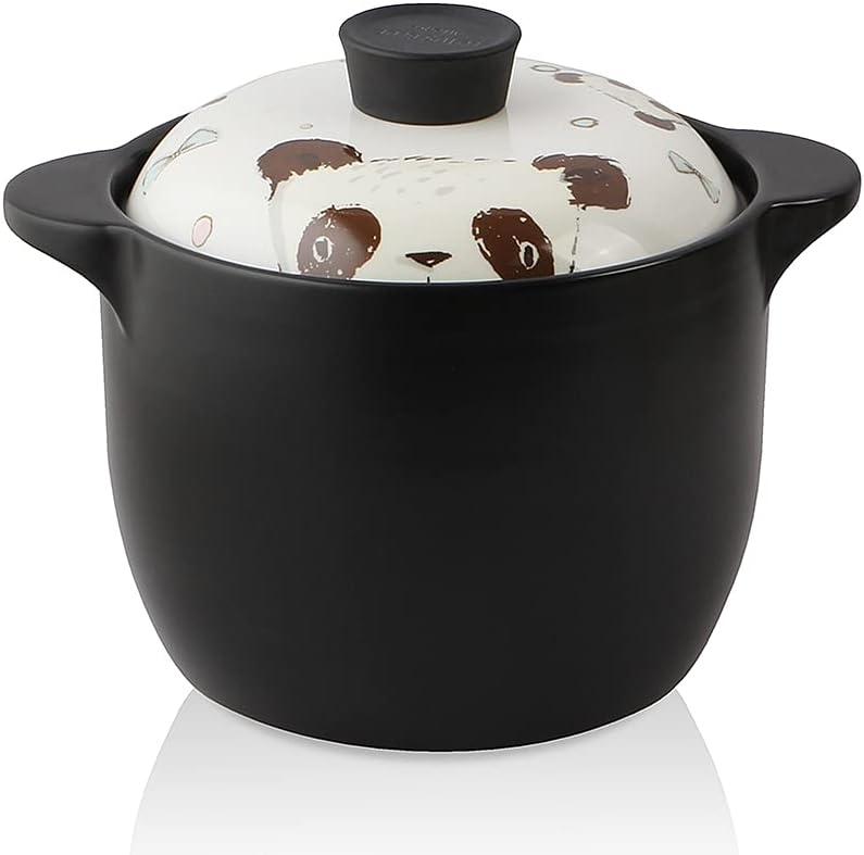 Lotus Blue 5-Quart Cartoon Pattern Ceramic Round Black Dish Casserole/Clay Pot/Earthen Pot/Ceramic Cookware With White Lid Heat-Resistant Fox Girl Uncle Brown Bear Gift Box (PANDA)