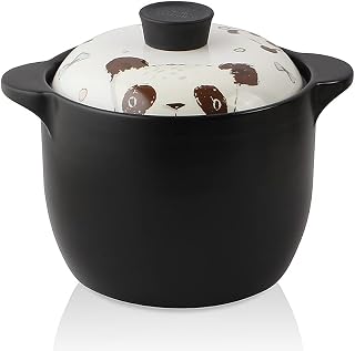 Lotus Blue 5-Quart Cartoon Pattern Ceramic Round Black Dish Casserole/Clay Pot/Earthen Pot/Ceramic Cookware With White Lid Heat-Resistant Fox Girl Uncle Brown Bear Gift Box (PANDA)