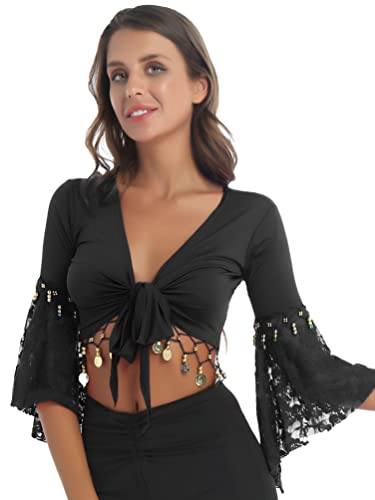 inhzoy Costume da Danza del Ventre da Donna Cardigan in Pizzo Patchwork con Paillettes Top Corto con Scialle con Maniche Vestito da Danza Classica Spettacolo Discoteca Nero XL