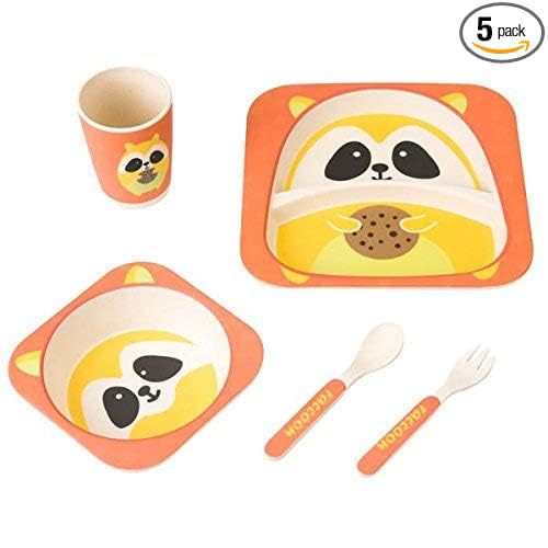 Abracadabara (Set of 5 Pcs) Bamboo Fiber Eco-Friendly Kids Cutlery Tableware Feeding Set with Printed Plate, Spoon, Glass, Folk & Bowl for Infant - Orange