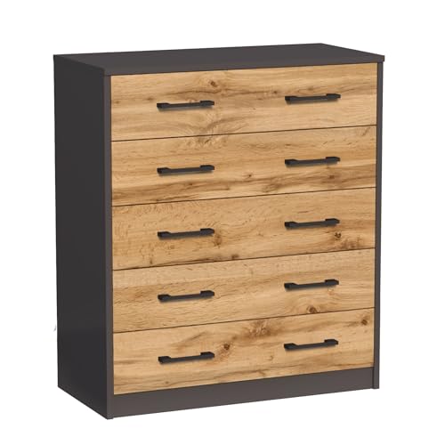 Home Collective Schuhschrank mit 5 aufklappbaren Schubladen Schuhregal mit 5 Fächern weiche abgerundete Kanten 74cm breit laminierte Platte Matte platzsparende Schuhaufbewahrung Graphit Eiche