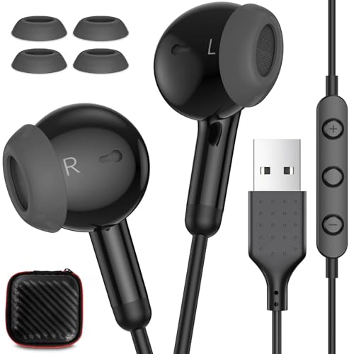 AFGHOA USB Earbuds with Microphone for PC Laptop,7.5 Ft USB A Headphones Wired for Computer, USBA Headset with Mute in-Line Stereo Noise Canceling Call Cord Earphones for Dell, Zoom Meeting,Black