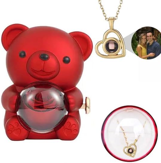 Oso de rosas rojas preservadas con collar de proyección, flores eternas, regalos de cumpleaños para mujeres, novia, mamá, esposa, abuela en Navidad,