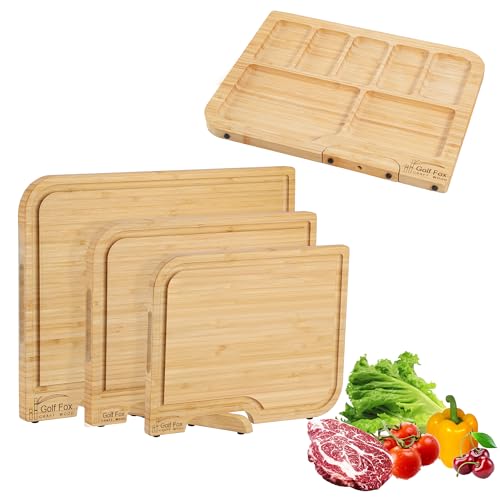 3-PCS Bamboo Cutting Board Set, Wood Cutting Board for Kitchen with Innovative Stand, Juice Groove & Handle, Double Sided for Chopping & Charcuterie Board, Kitchen Gift for Home Cooks, For Meat &Fruit