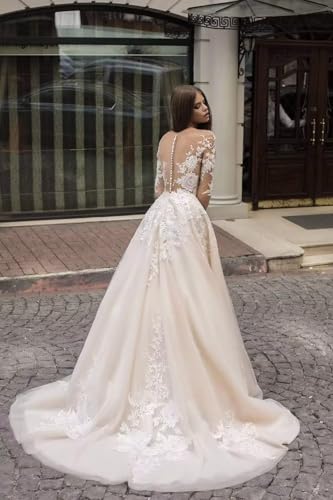 Wedding Dresses Ball Gown for Bride Lace Appliques Tulle Beach Bridal Gowns with Train He10234
