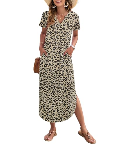AUSELILY Damen Sommer Maxikleid Kurzarm V-Ausschnitt Lockeres Strandkleid mit Seitenschlitz für Urlaub Leopard L
