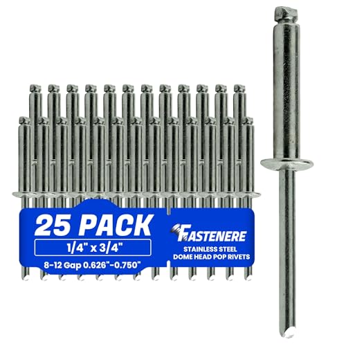 Fastenere Pop Rivets - 1/4" x 3/4" (25pcs) Heavy Duty, Open-End, Stainless Steel, Dome-Head Blind Rivets, Corrosion-Resistant, High Tensile & Shear Strength, 8-12 Gap 0.626"-0.750" by Fastenere - Used condition - US$13.76
