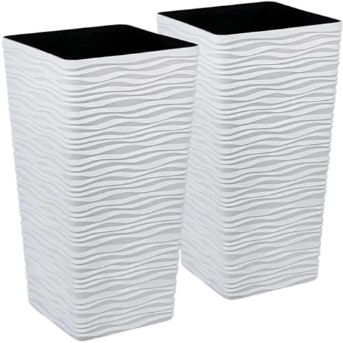 Paquete de 2 maceteros cónicos altos, macetas cuadradas de plástico blanco, macetero de árbol grande de 22 pulgadas de alto, maceta ondulada mate for jardín y casa para plantas de jardín de interior y