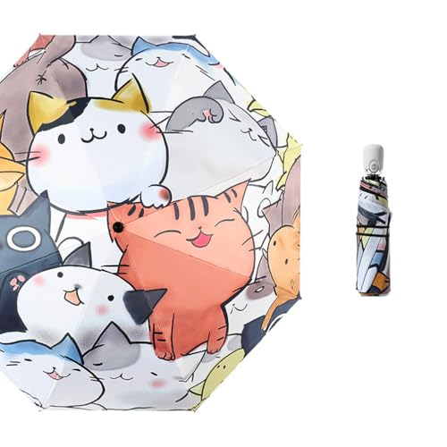 Maibar Kompakter Reiseschirme für Damen UPF 50 Katze Taschenschirme UV Schutz 3D Muster Klappschirme SPF 50 Regenschirm (Knopf zur Automatischen Öffnung)