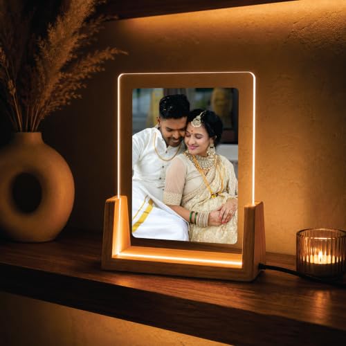 Image of Giftplease Personalized LED Acrylic Photo Frame with Wooden Base | Custom Engraved Photo Lamp | Customized Picture Frame Light | USB Powered Acrylic Night Lamp | Anniversary, Wedding, Birthday, Couple