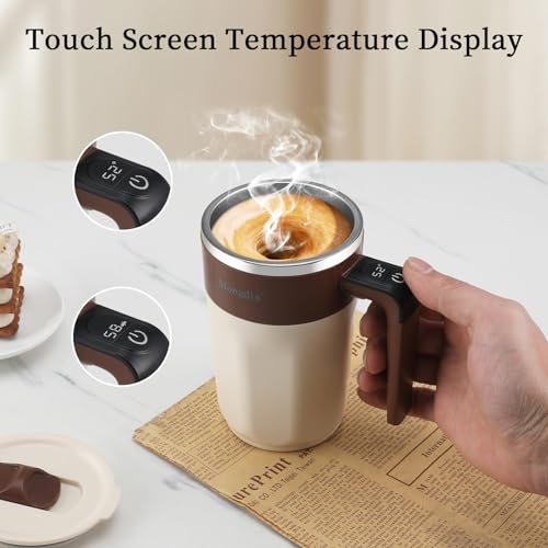 Mongdio Self Stirring Coffee Mug with Temperature Display, Rechargeable Stirring Mug, Automatic Self Stirring Cup with Lid, For Coffee, Milk and Other Beverages, Brown