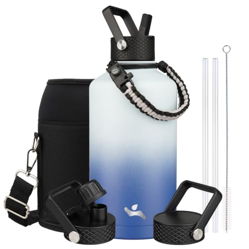 Image of Konokyo Insulated Water Bottle with Straw,87 oz 3 Lids Water Jug with Carrying Bag,Paracord Handle,Double Wall Vacuum Stainless Steel Metal Flask,Sky