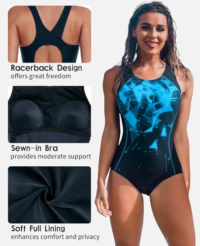 Beautyin Women High Neck Modest Swimsuit One Piece Water Aerobics Bathing Suit Black/Aqua thumb #2
