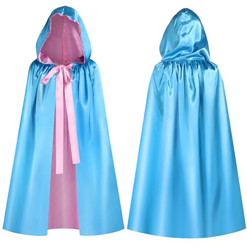 Haysandy Blue Fairy Hooded Cloak Costume Polyester Cape Cosplay Cloak Princess Costume with Pink Ribbon for Women(Blue Pink 1.6 ft)