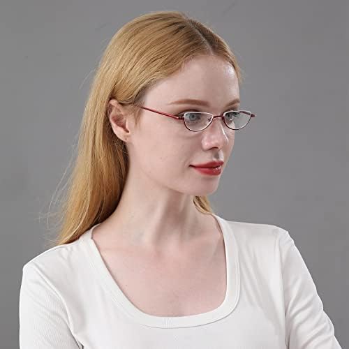 MMOWW 2 Pack Half Moon Reading Glasses for Men Women Slim Metal Half Frame Readers Semi Rimless Eyewear with Spring Hinge (Red+Gray, 2.0)