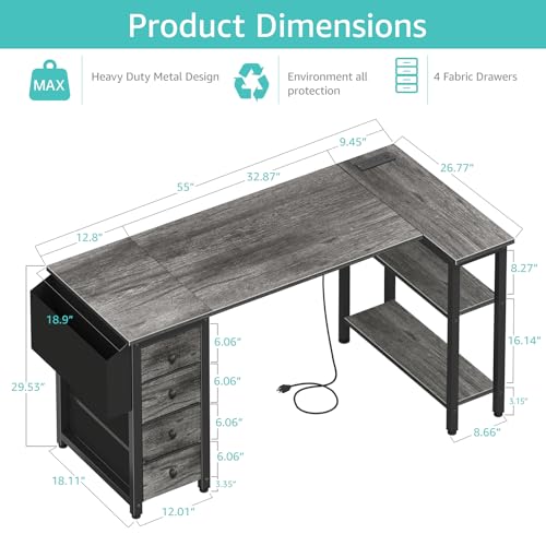 Lufeiya L Shaped Gaming Desk with Drawers & Storage Shelves, 55 Inch Corner Computer Desk with Power Outlet for Home Office Bedroom, L-Shaped Teen PC Desks with Fabric Drawer, Gray