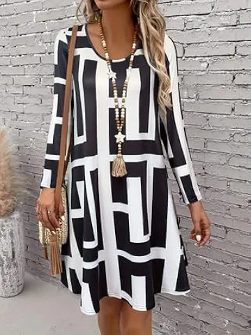 Vestido túnica plus size geométrico preto branco estampado manga comprida gola redonda solto casual mini vestido rodado, Multicor, GG