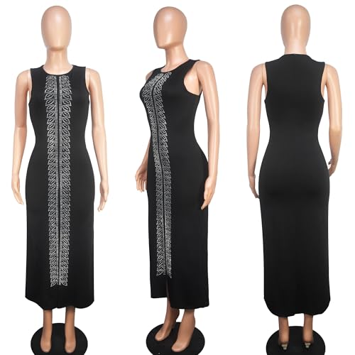 Image of Jigfar Women Sexy Elegant Rhinestone Mesh See Through Party Club Night Split Bodycon Formal Maxi Dress