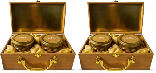 Image of Purevida Premium Dry Fruits Gift Box | Almonds 150g & Cashews 150g | Luxury Beige Wooden Gift Box with Golden Handle | Healthy Christmas & New Year Gift Hamper (Pack of 2)