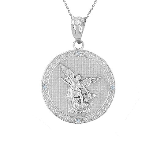 .925 Sterling Silver Saint Michael The Archangel Cubic Zirconia Medal Pendant (1"), 22"