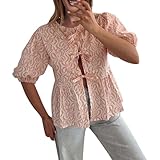 Design : le chemisier péplum pour femme est conçu avec des manches courtes bouffantes, noué sur le devant. Hauts, chemises péplum, hauts courts d'été mignons pour femme. L'ourlet et le nœud papillon sur le devant sont attrayants pour le design général.