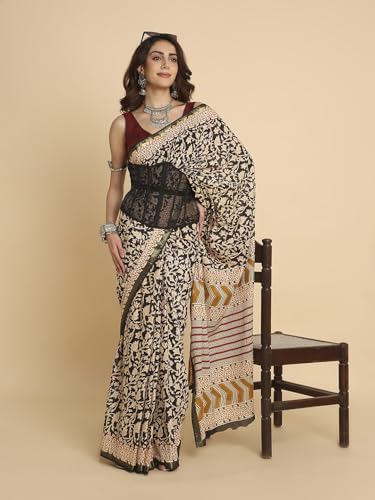 Image of RATAN Women's Pure Soft Cotton Saree with Blouse Piece | Lightweight Breathable Daily Wear Cotton Saree | Traditional Printed Saree for Office Casual & Summer Wear